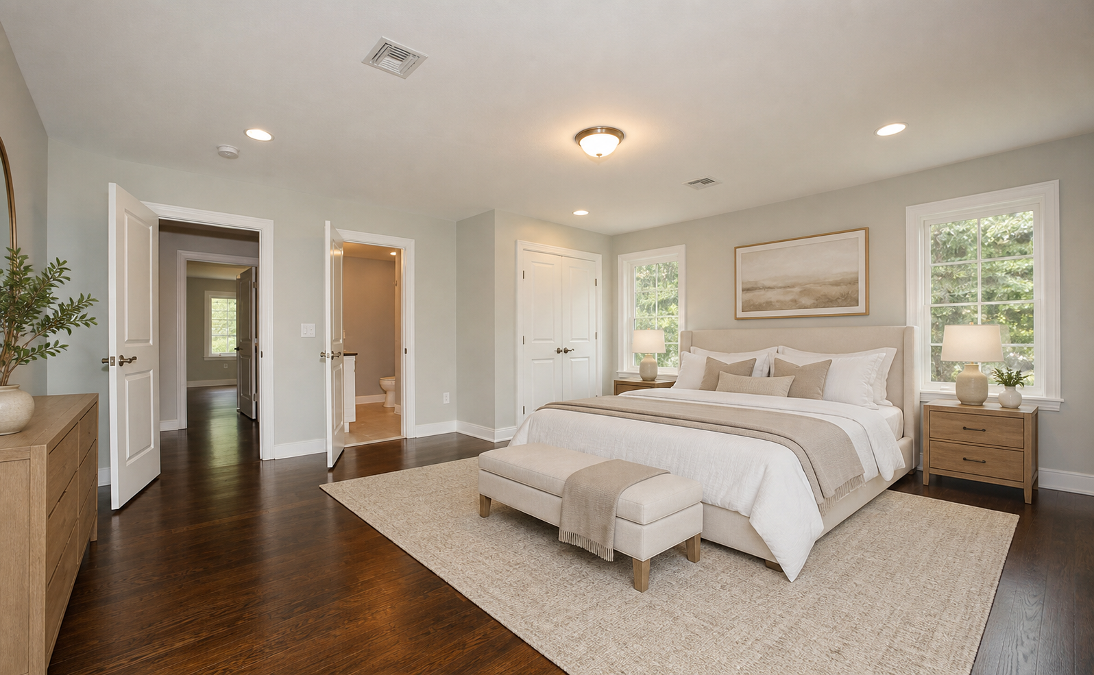 After — Before and after virtual staging of a primary bedroom with upholstered bed, nightstands, dresser, artwork, and area rug