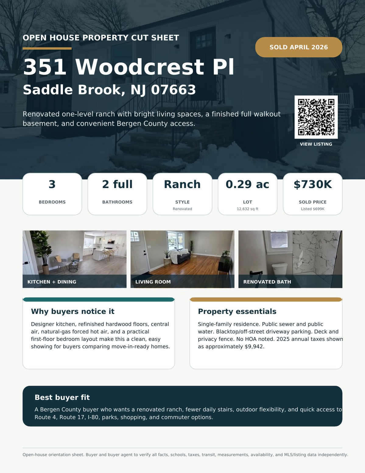 Preview of the 351 Woodcrest Place open house flyer and feature cut sheet