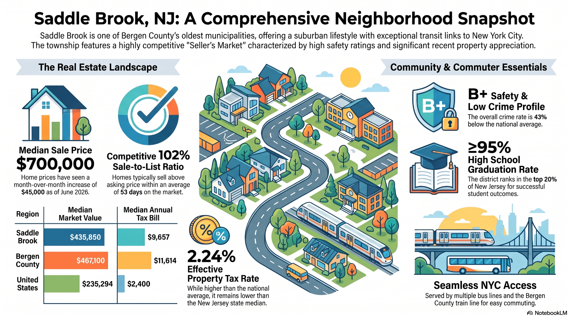 Saddle Brook, NJ neighborhood snapshot infographic showing real estate landscape, community essentials, schools, safety ratings, and NYC commute access