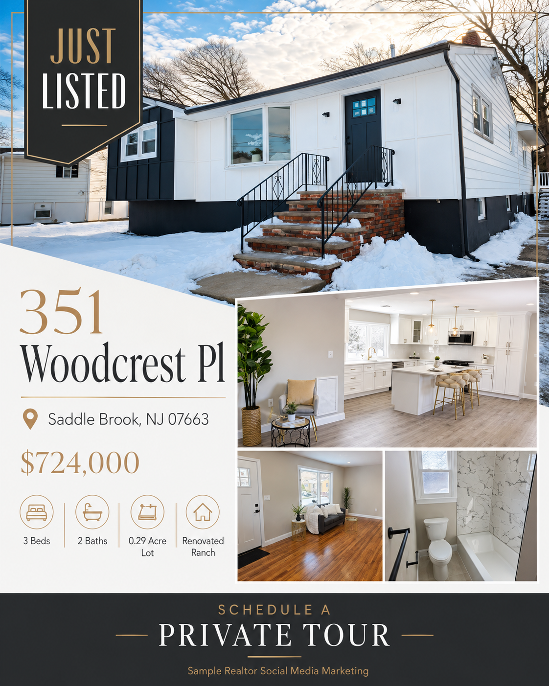 Just Listed social media graphic for 351 Woodcrest Pl, Saddle Brook NJ