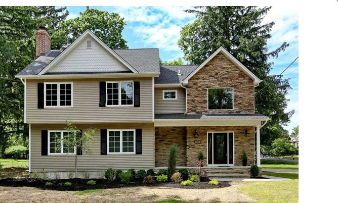 Before and after real estate photo enhancement of a home exterior showing bare new landscaping transformed into lush, fully grown shrubs and gardens — before