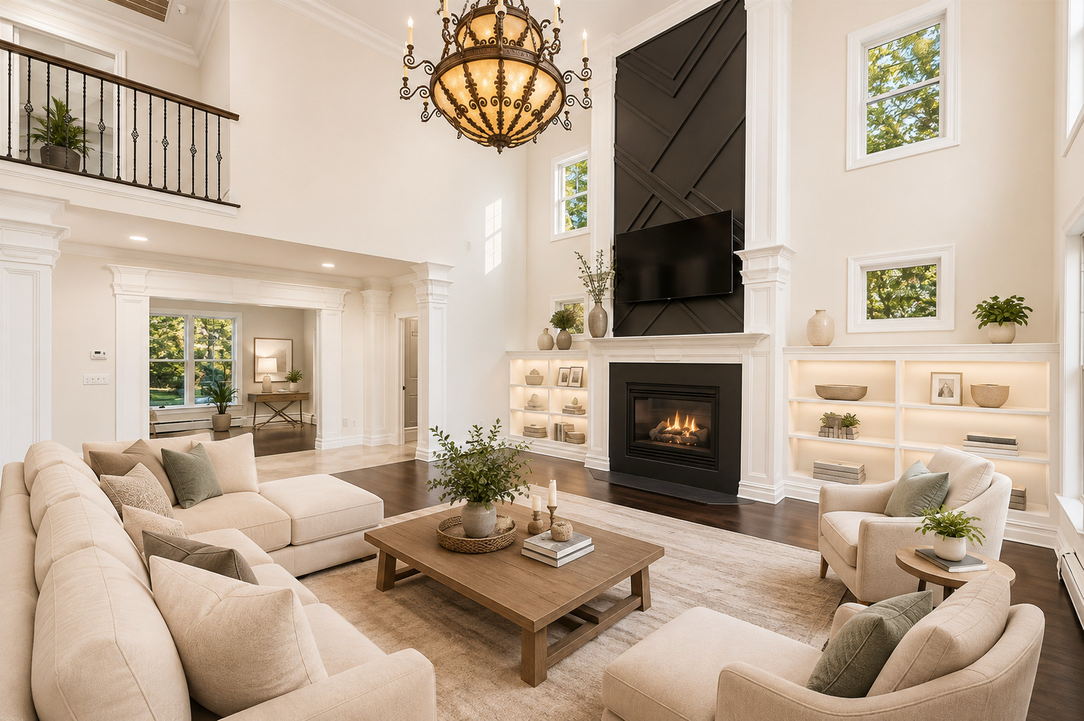 After — Before and after virtual staging of a two-story great room with seating, area rug, styled built-ins, and greenery