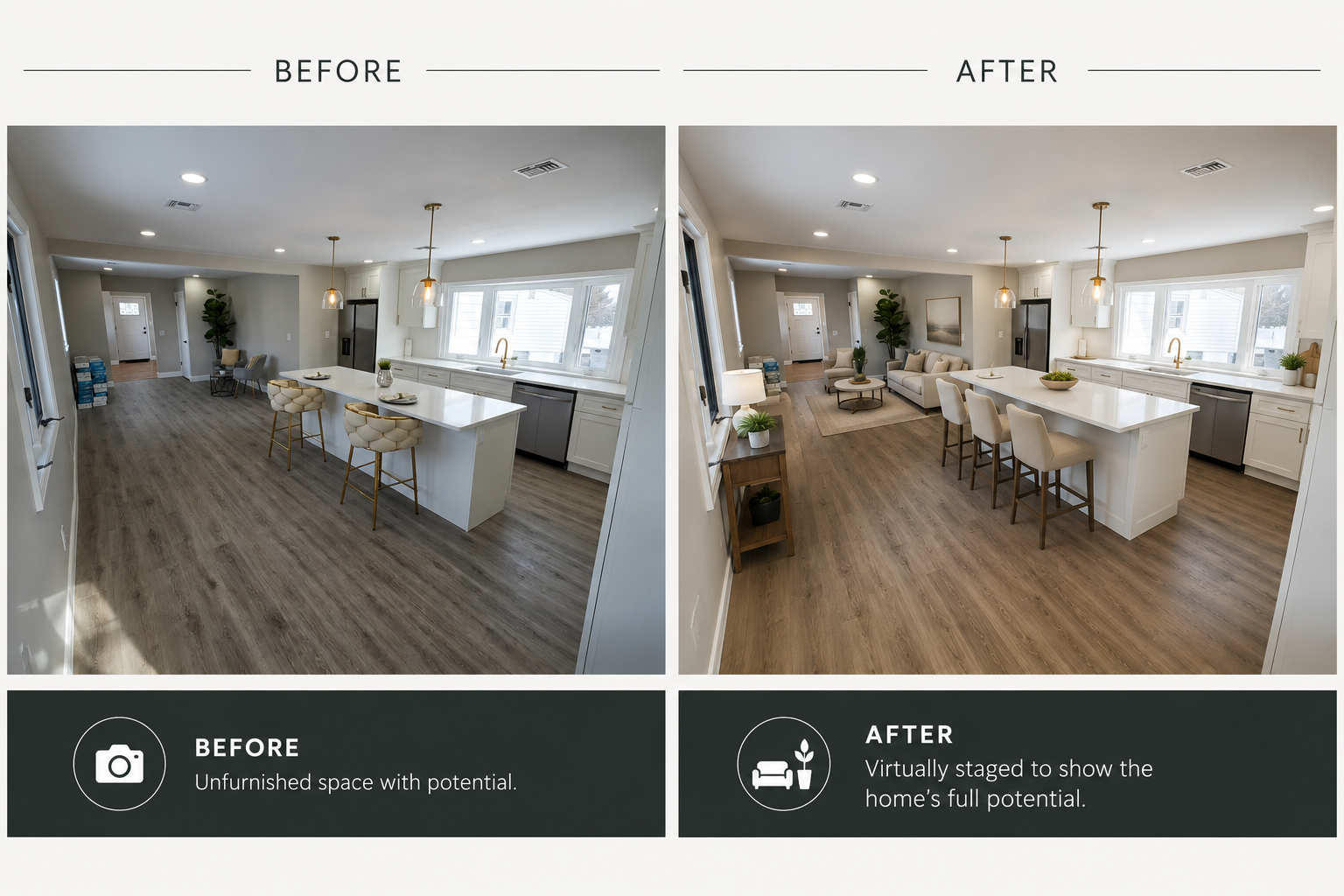 Before and after virtual staging of an open kitchen and living area with bar stools, sofa, and coffee table