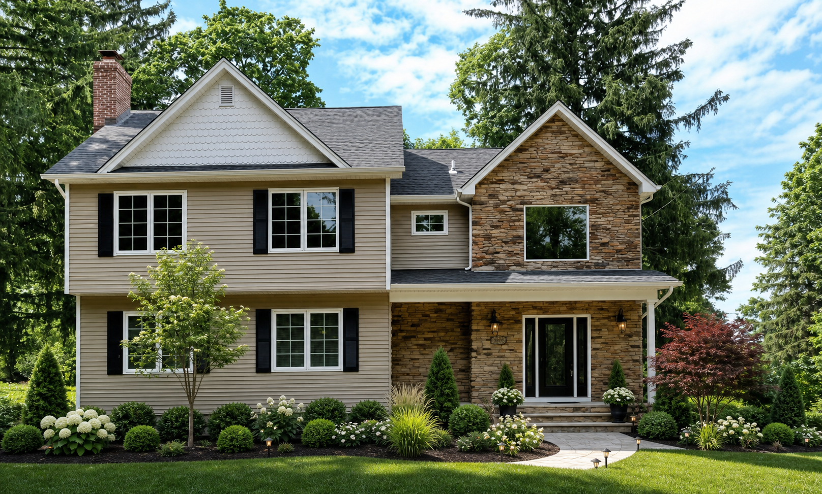 Before and after real estate photo enhancement of a home exterior showing bare new landscaping transformed into lush, fully grown shrubs and gardens — after