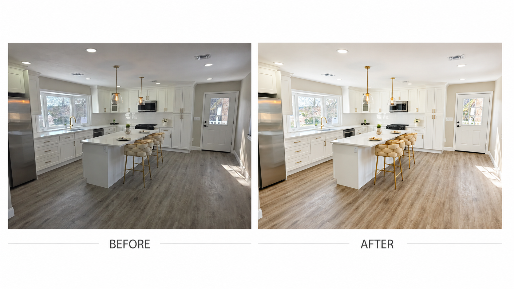 Before and after real estate photo enhancement of a kitchen showing HDR blending and white balance correction