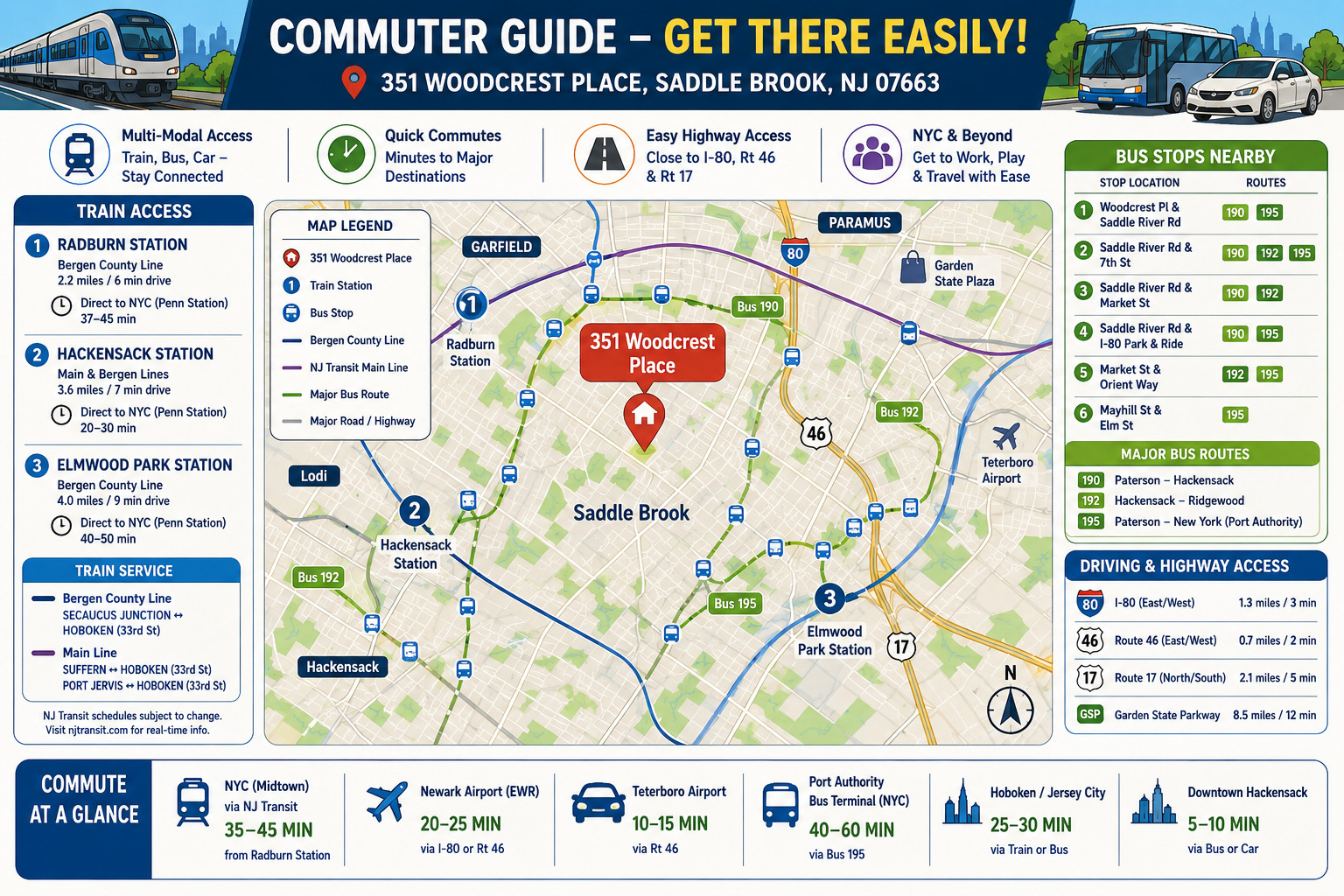 Commuter guide infographic for 351 Woodcrest Place showing train stations, bus routes, and highway access