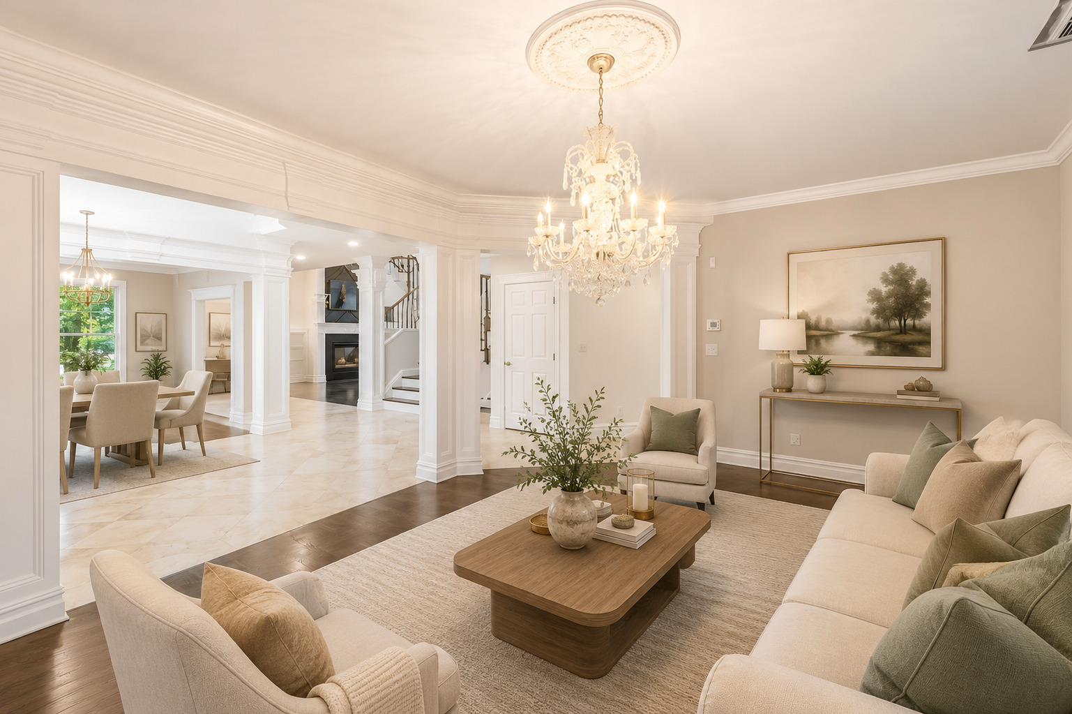 After — Before and after virtual staging of a formal living and dining room with full seating and dining furnishings
