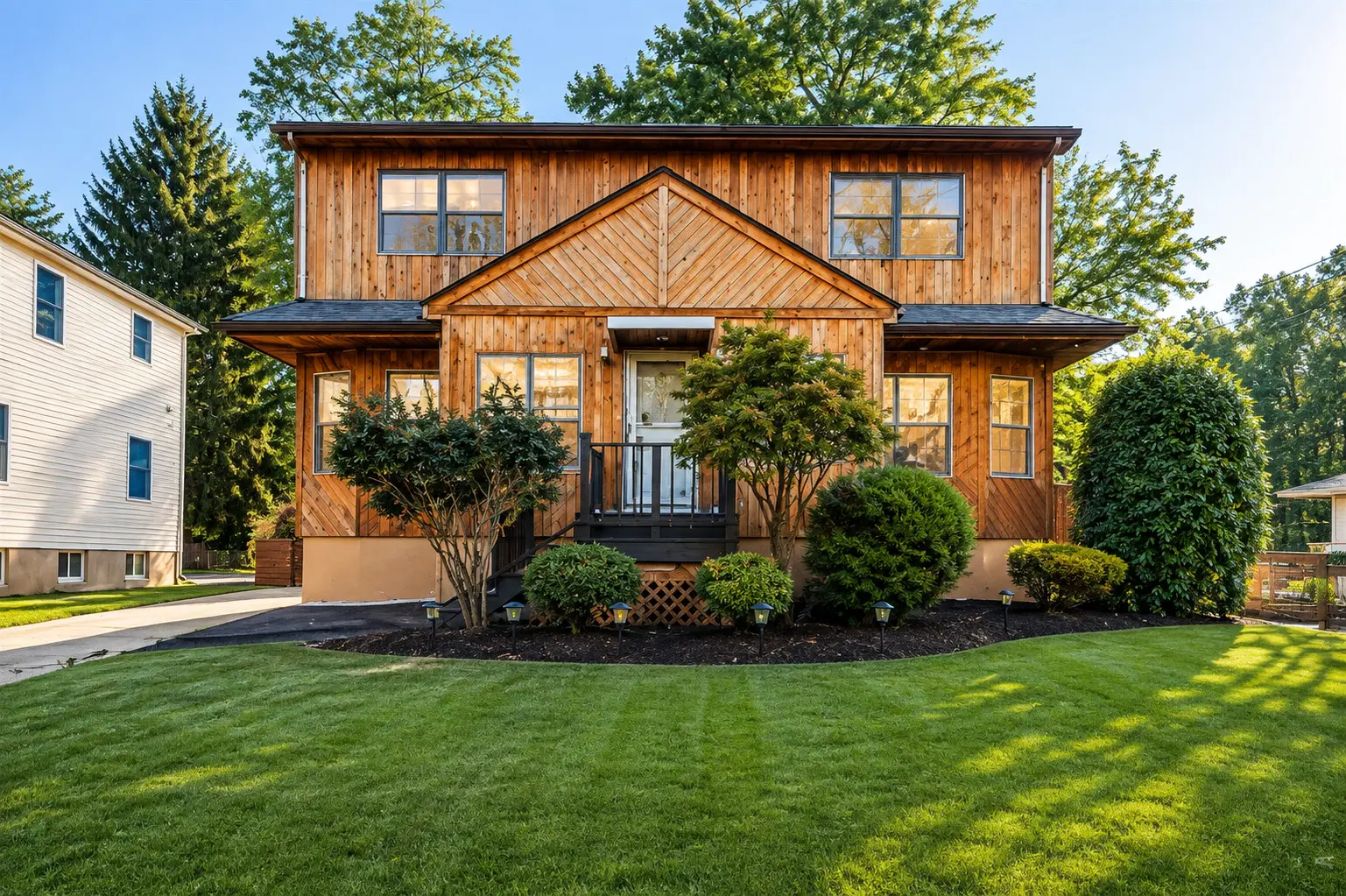 Before and after real estate photo enhancement of a cedar-sided colonial home exterior — after