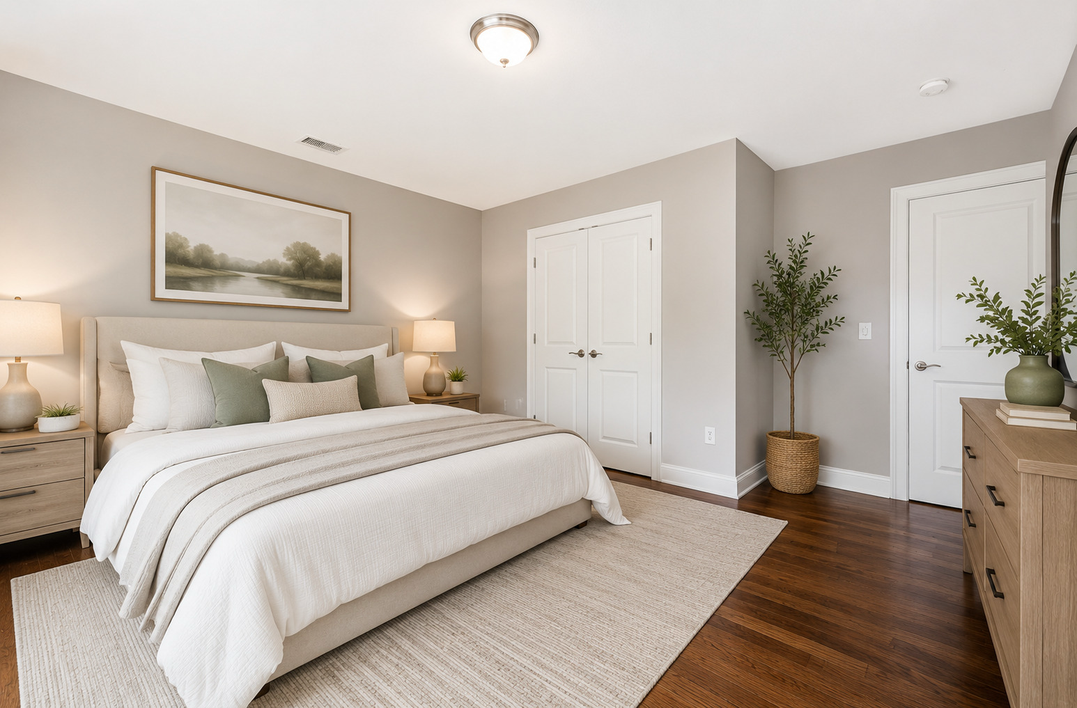 After — Before and after virtual staging of a guest bedroom with queen bed, nightstands, and artwork