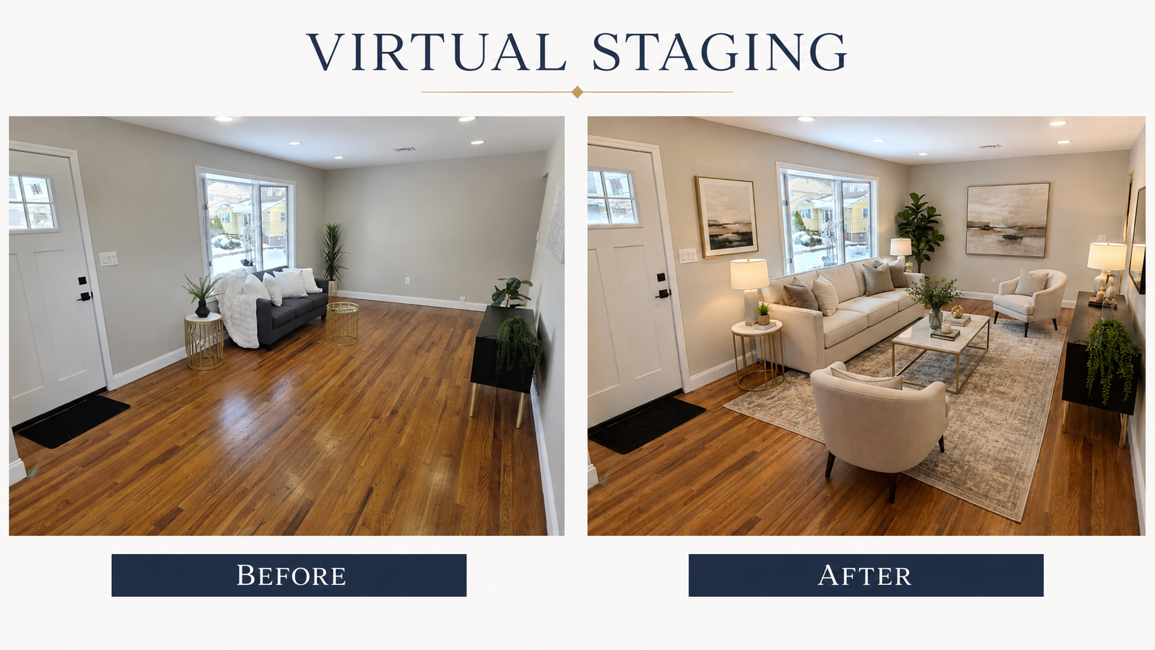 Before and after virtual staging of a living room with sofa, armchairs, coffee table, area rug, and framed artwork