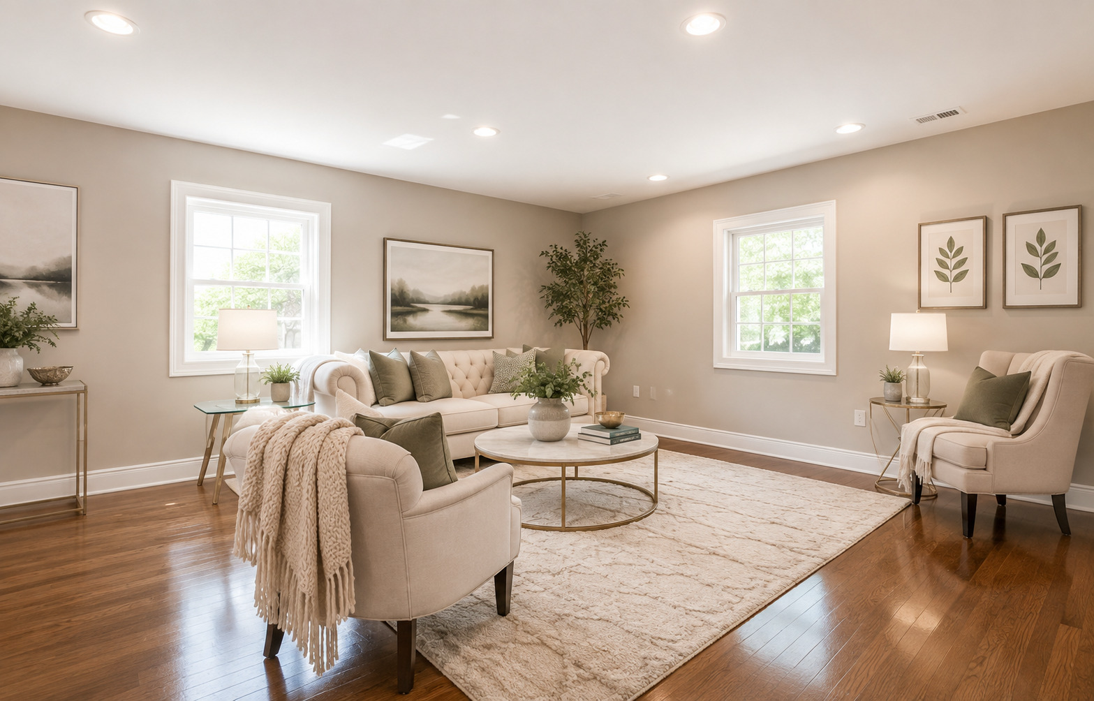 Before and after real estate photo enhancement of a living room with brighter lighting, richer floors, and refreshed styling — after