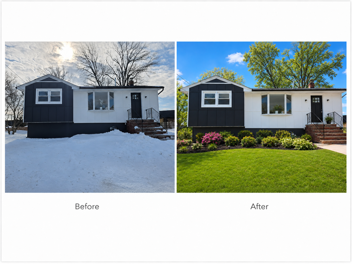 Before and after real estate photo enhancement of a home exterior showing sky replacement and color correction