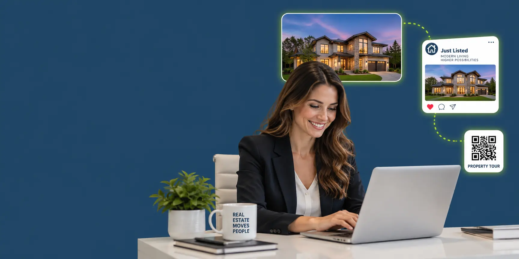 A Listing Lab 360 agent reviewing a finished marketing package — listing photos, social posts and a QR property tour — on her laptop