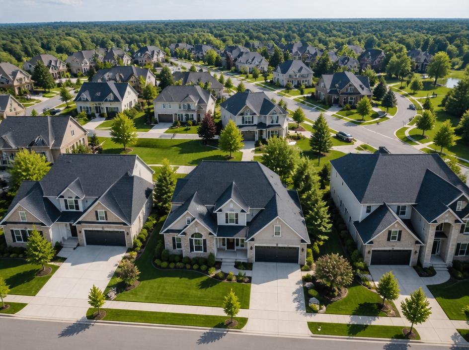 Aerial view of a modern suburban neighborhood